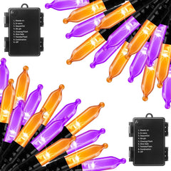 2Pack 17.8Ft 50 LED Battery Operated Clear Mini Incandescent Bulbs String Light for Halloween, Orange and Purple
