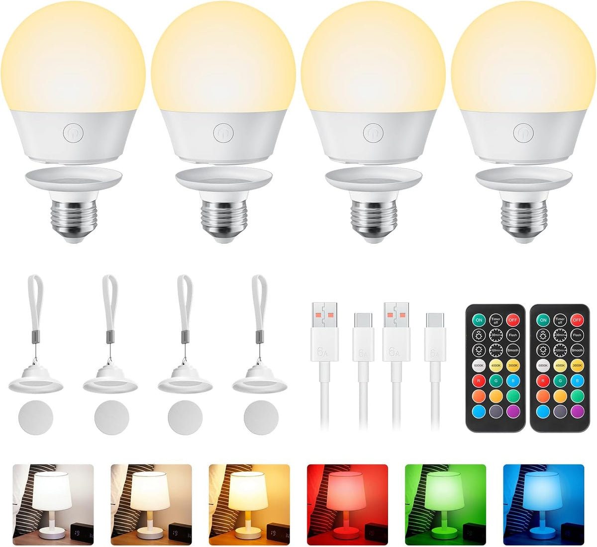 4 Pack E26 Rechargeable Backup Light Bulb with Remote for Sconces Lamps, 3 Color Temperatures