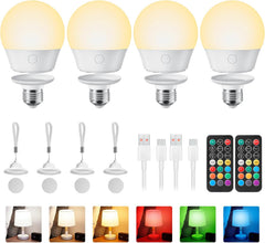 4 Pack E26 Rechargeable Backup Light Bulb with Remote for Sconces Lamps, 3 Color Temperatures