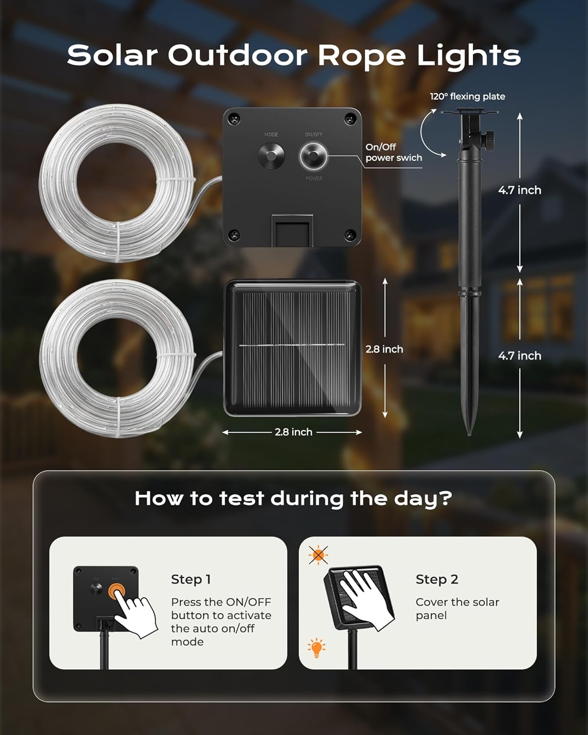 2Pack Total 78FT 200LED Solar Rope Lights, 8 Modes, Warm White