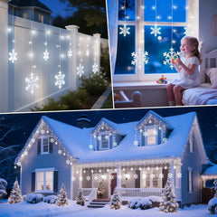 13ft 192 LED Snowflake Icicle Lights with 16 Drops for Christmas Roof Decor, 12 Modes, White