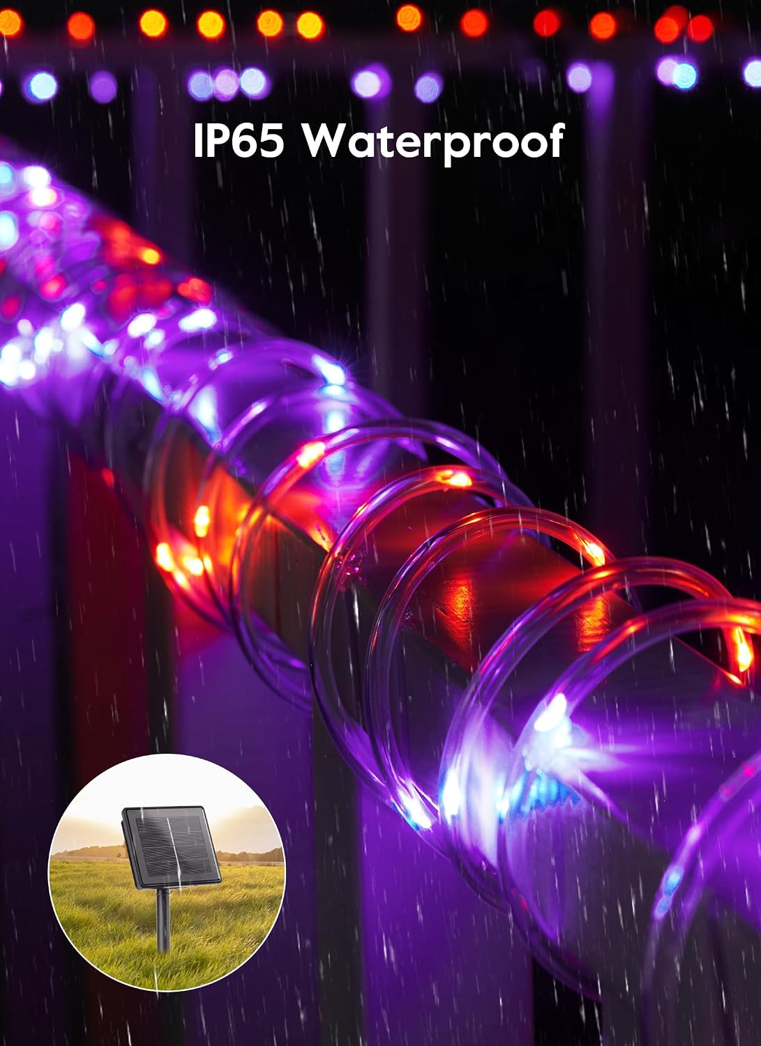 39FT 100LED Solar Rope Lights for Halloween Haunted House Party, 8 Modes, Orange and Purple