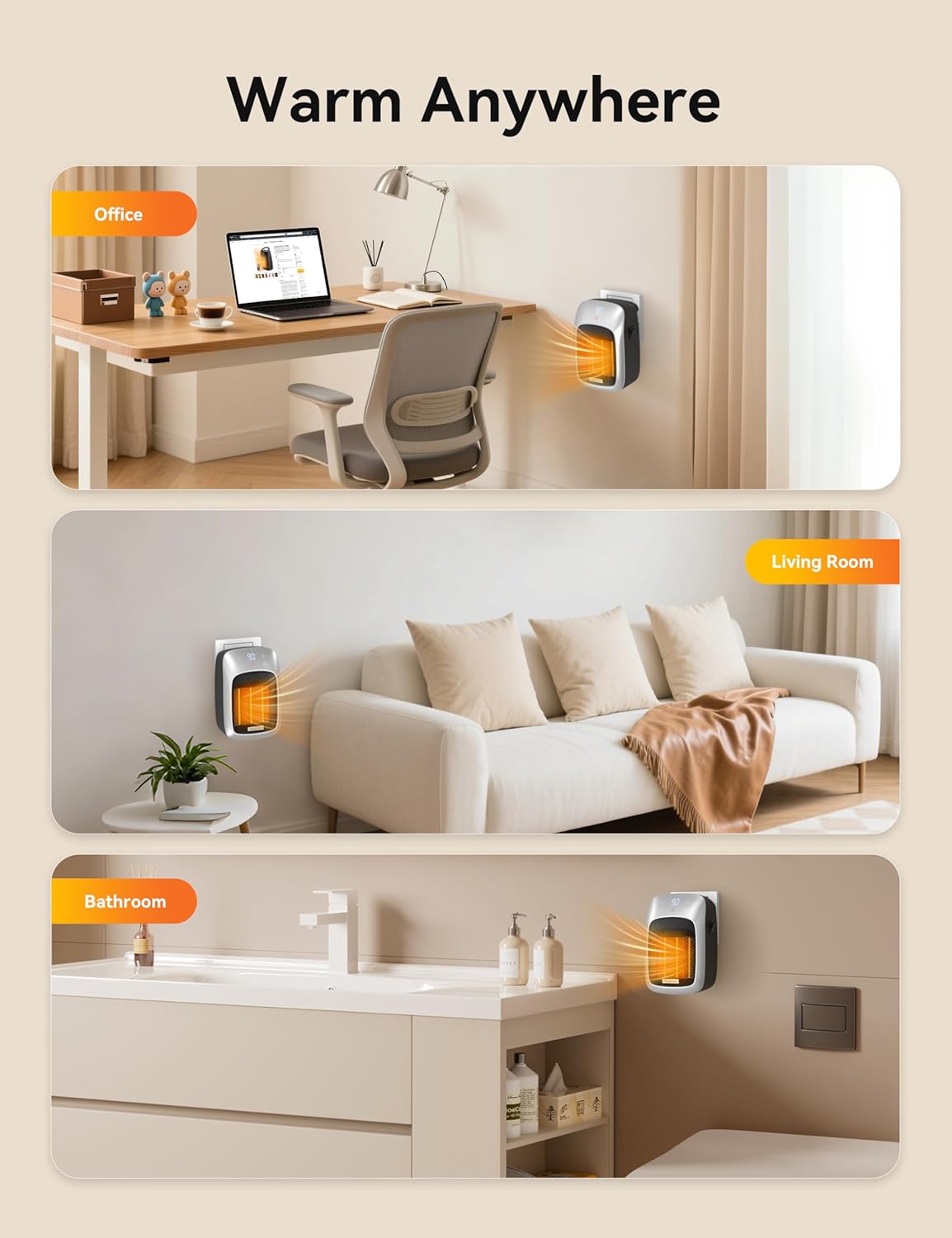 800W Small Wall Outlet Plug In Space Heater for Bathroom Office Bedroom Home