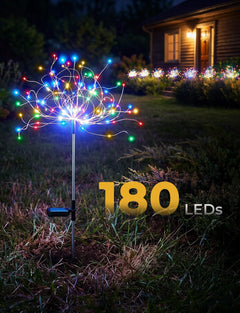 2 Pack 180 LED Firework Solar Powered Stake Lights for Christmas Independence Day, Red/Yellow/Blue/Green