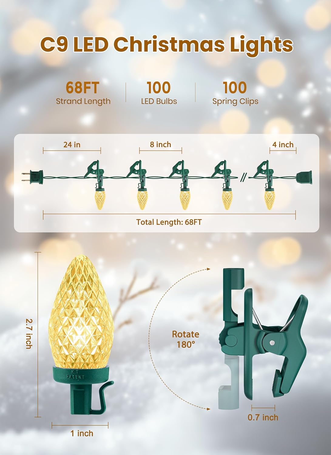 68Ft Plug in 100 LED C9 Christmas String Lights with Quick Clips for Roofline Patio Decor, Warm White