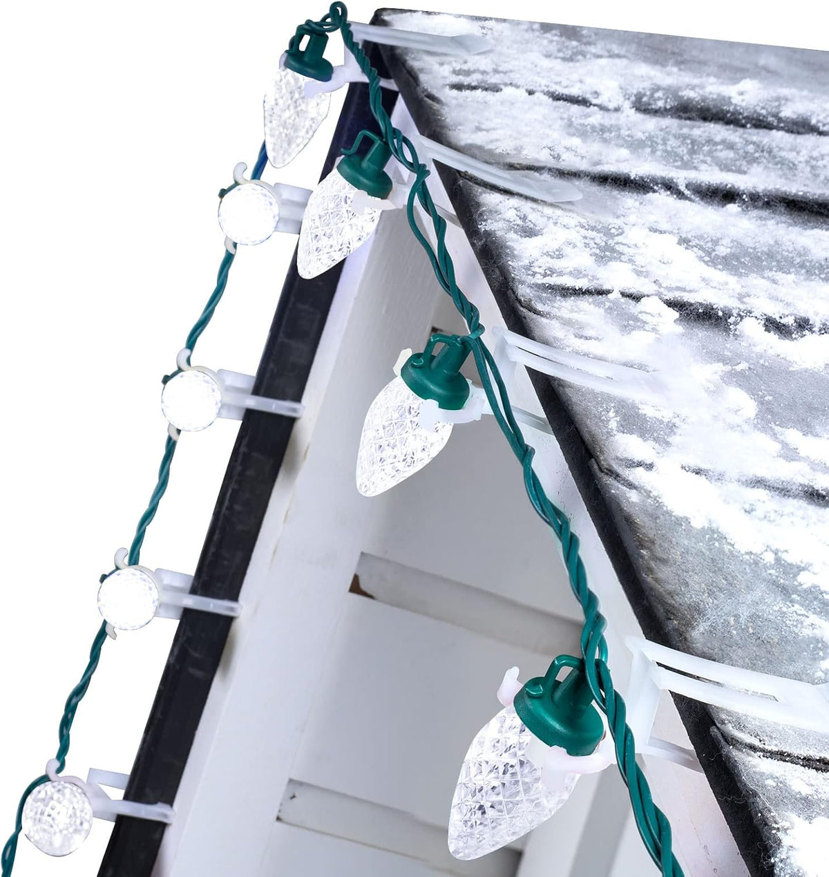 68Ft Plug in 100 LED C9 Christmas String Lights with Quick Clips for Roofline Porch Decor, Pure White