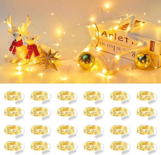 24 Pack 7FT 20 LED Battery Operated Silver Wire Firefly Starry Moon Lights for DIY Crafts, Warm White