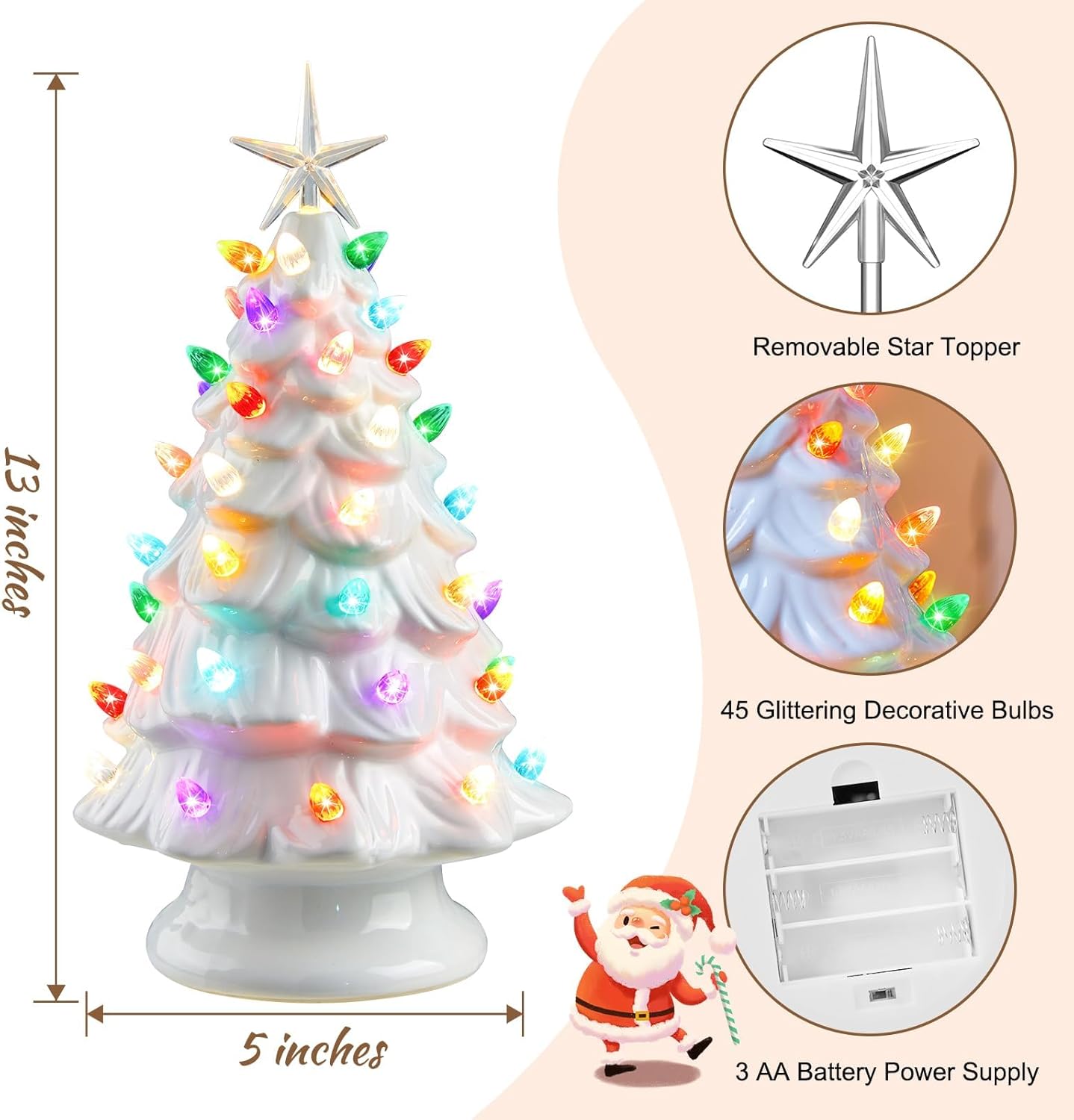 13 Inch Battery Operated Pre-lit Tabletop Ceramic Christmas Tree with Multicolored LED Lights, White