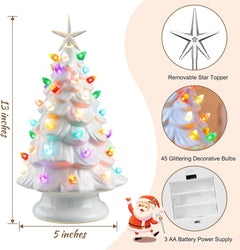 13 Inch Battery Operated Pre-lit Tabletop Ceramic Christmas Tree with Multicolored LED Lights, White