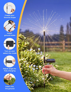 2 Pack 180 LED Firework Solar Powered Stake Lights for Christmas Independence Day, Red/Yellow/Blue/Green