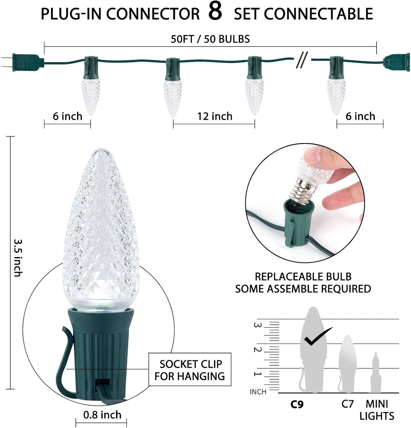 50Ft Plug in 50 Pure White C9 Strawberry LED Bulbs String Lights for Christmas Pathway, Green Wire