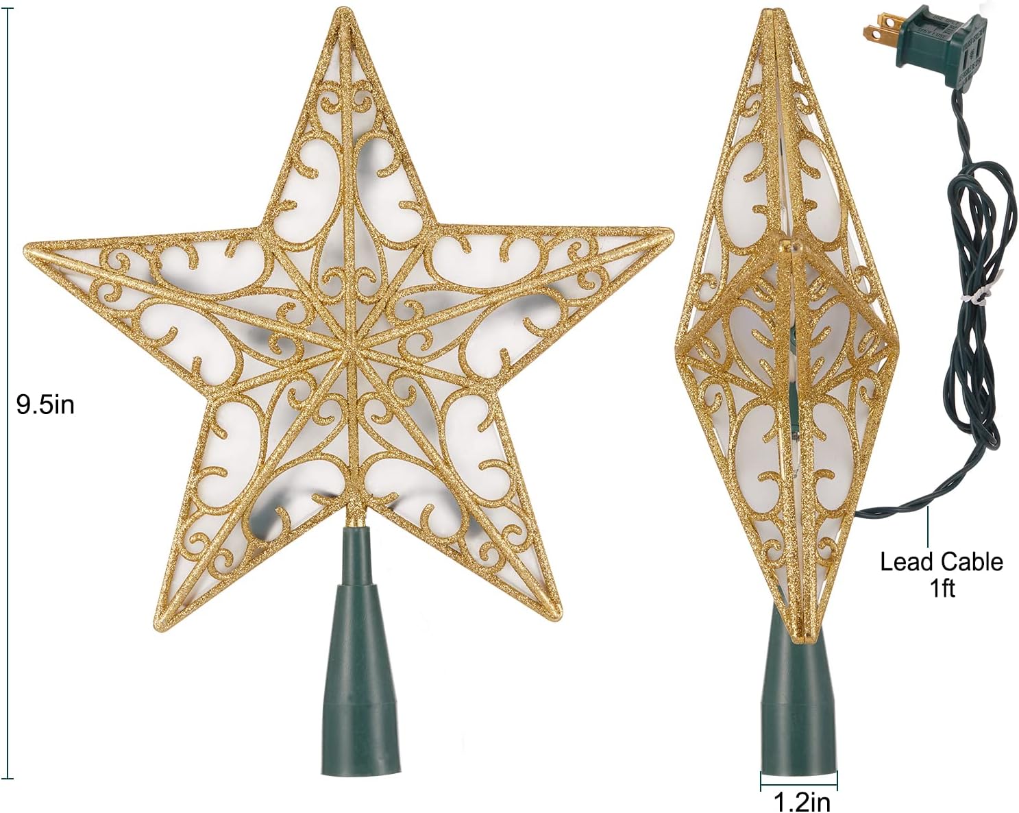 Christmas Star Tree Topper, 9.5 in Plug in Golden Glittered 3D Star Tree Topper, Metal Hollow Designed Built-in 10 Bulbs String Lights for Indoor Office Christmas New Year Holiday Tree Decoration