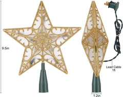 Christmas Star Tree Topper, 9.5 in Plug in Golden Glittered 3D Star Tree Topper, Metal Hollow Designed Built-in 10 Bulbs String Lights for Indoor Office Christmas New Year Holiday Tree Decoration