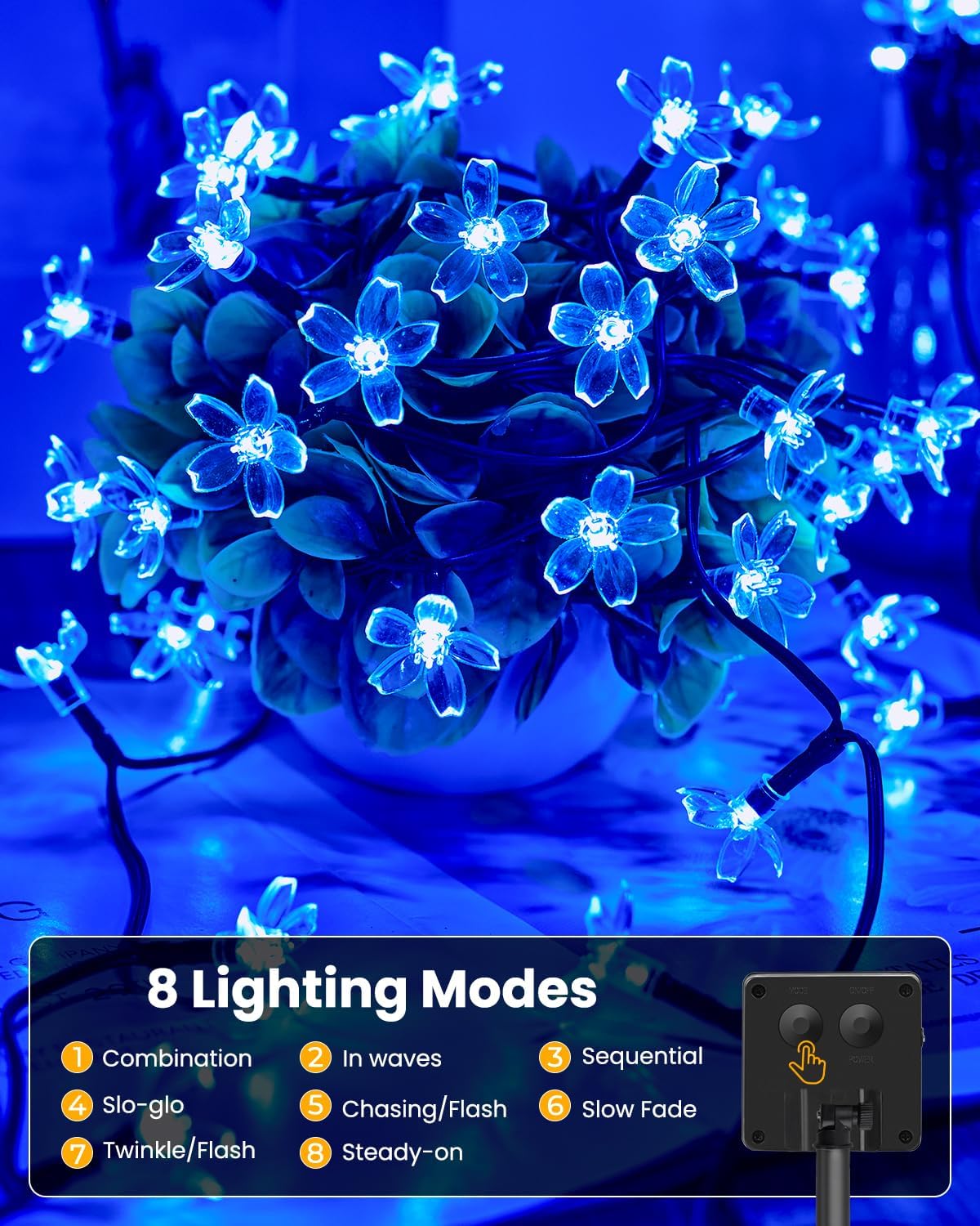 Solar Powered 26ft 60 LED Flowers String Lights for Garden Yard Fence Decor, Blue