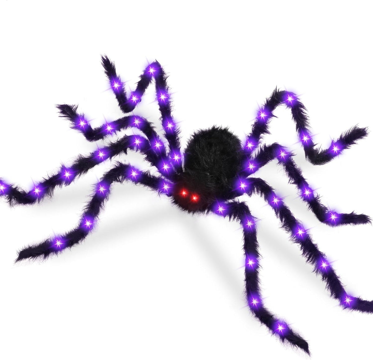 4.9 ft 38 LED Battery Oprated Light Up Black Hairy Giant Spider Halloween Decorations, Purple