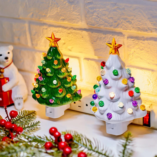 2 Pack Vintage Christmas 6" Decorative Ceramic Tree Night Light for Xmas Bedroom, Green and White