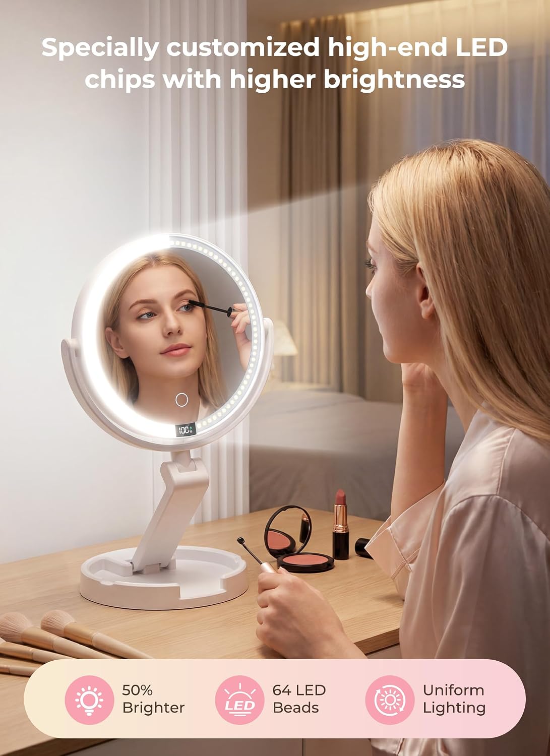 Rechargeable Foldable 1X & 10X Magnification Makeup Mirror with Lights and Smart Battery Display
