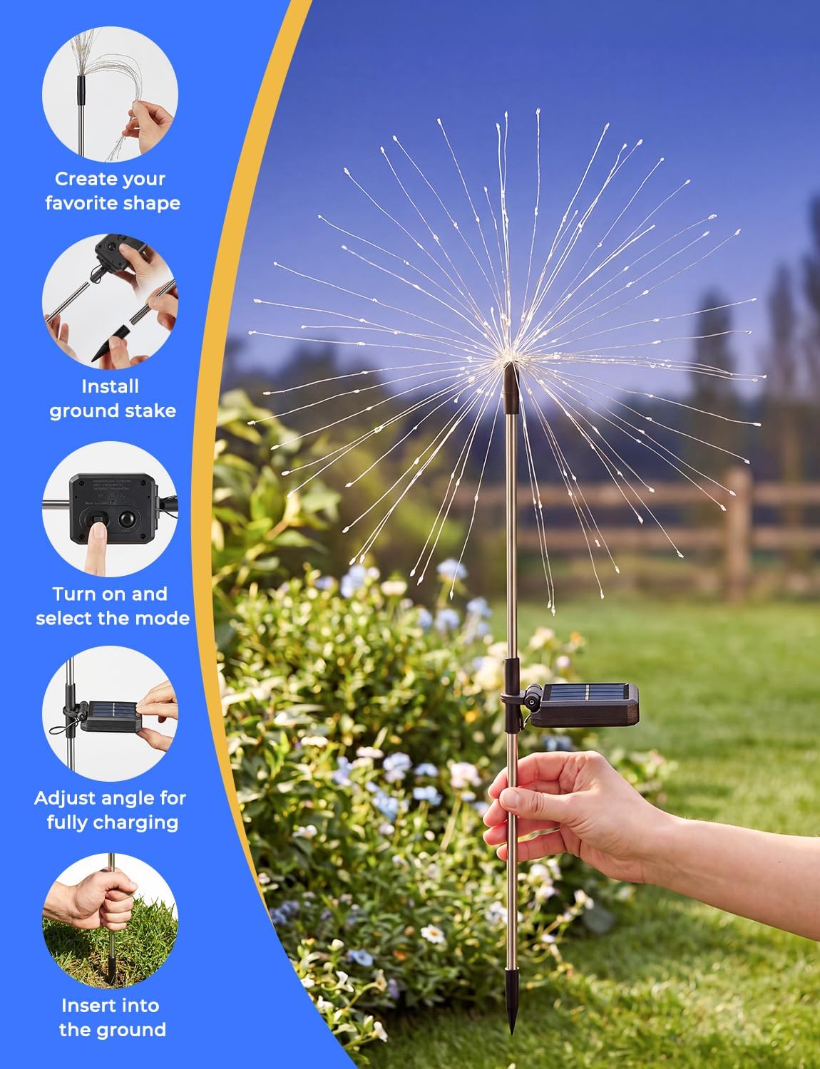 2 Pack 150 LED Firework Solar Powered Stake Lights for Garden Yard Pathway,Warm White