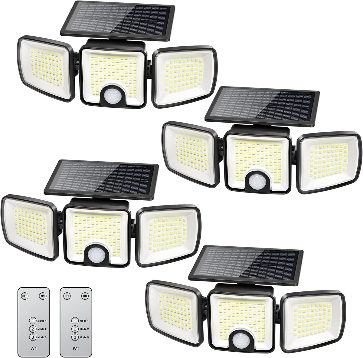 4 Pack Solar Powered 223 LED 3 Head Security Flood Lights with Motion Sensor, 3 Modes