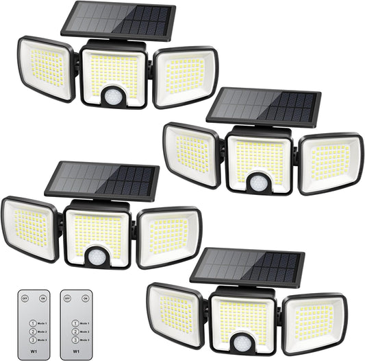 4 Pack Solar Powered 223 LED 3 Head Security Flood Lights with Motion Sensor, 3 Modes