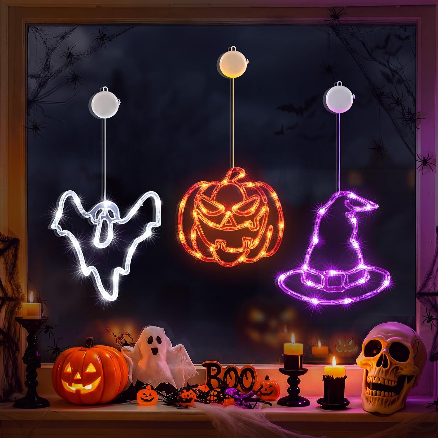 3 Pack Battery Operated Halloween Windows Lights with Timer, Pumpkin, Ghost, Hat