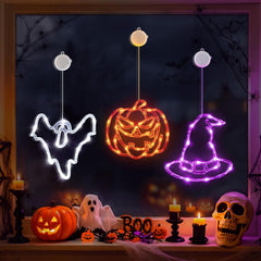 3 Pack Battery Operated Halloween Windows Lights with Timer, Pumpkin, Ghost, Hat