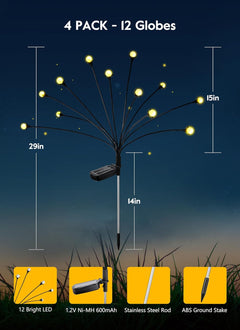 4 Pack 48 LED Firefly Solar Powered Stake Lights for Garden Yard Pathway,Warm White