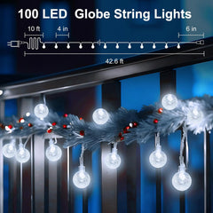33ft 100 LED Plug in Crystal Globe Fairy Lights with Remote for Bedroom Tent, 8 Modes, White