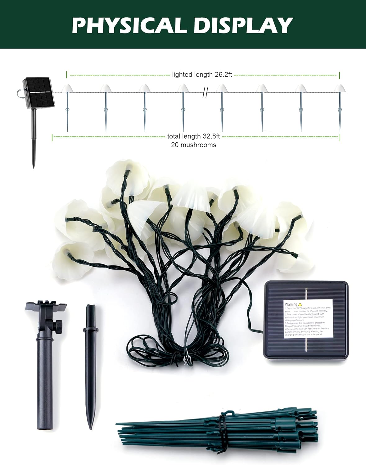 20 LED 32.8FT Solar Powered Mushroom String Lights for Garden Yard Fence Patio