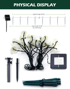 20 LED 32.8FT Solar Powered Mushroom String Lights for Garden Yard Fence Patio