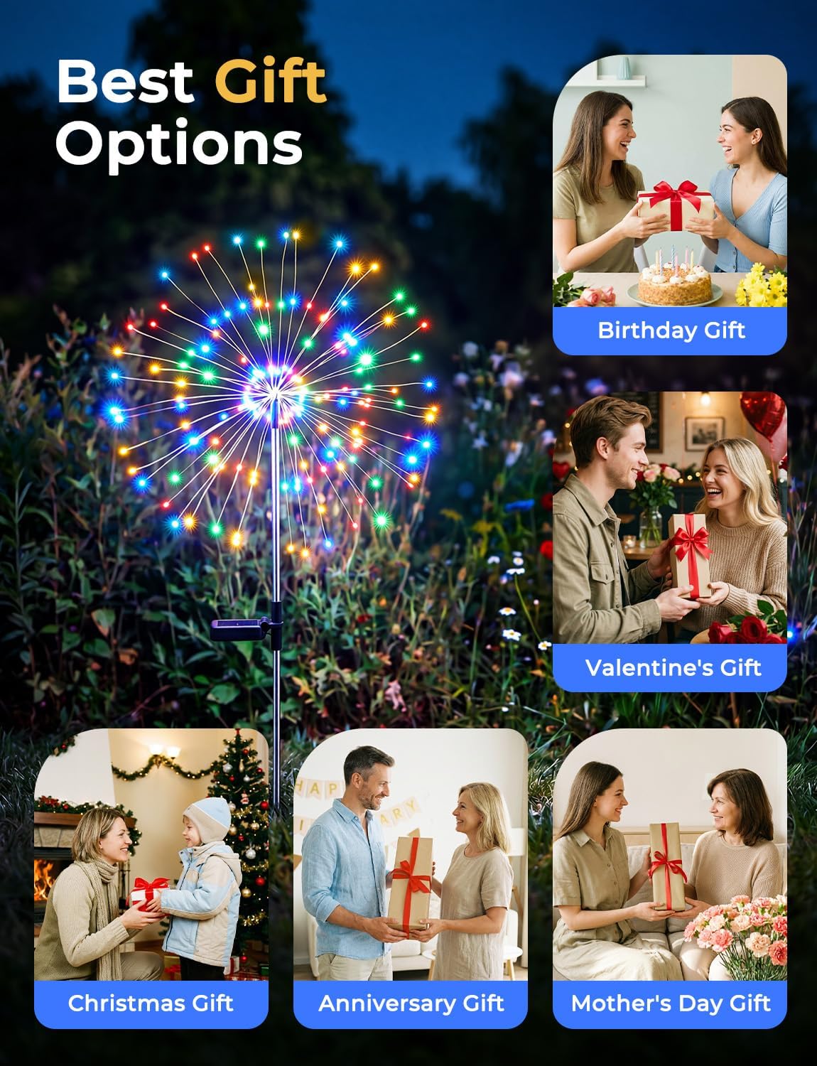 2 Pack 180 LED Firework Solar Powered Stake Lights for Christmas Independence Day, Red/Yellow/Blue/Green