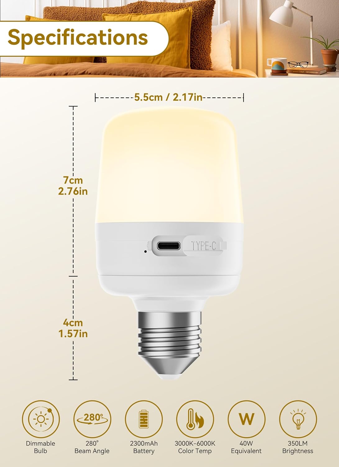 2 Pack E26 Rechargeable 2300mAh Light Bulbs with Remote for Lamps, Timer & 12 Colors