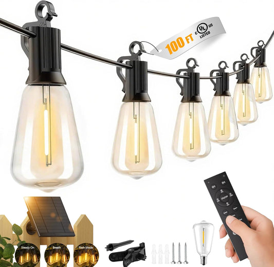 100FT Solar String Lights Outdoor Waterproof with Remote, 31+1 LED Shatterproof Bulbs, Dimmable & Timable, 3 Light Modes