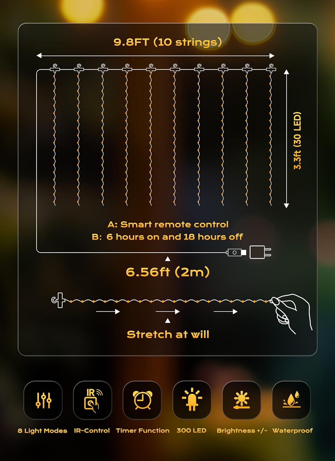 9.8 FT 300 LED Curtain String Lights with Remote, 8 Modes, Multicolor