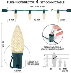 100Ft Plug in 100 Warm White C9 Strawberry LED Bulbs String Lights for Christmas Pathway, Green Wire