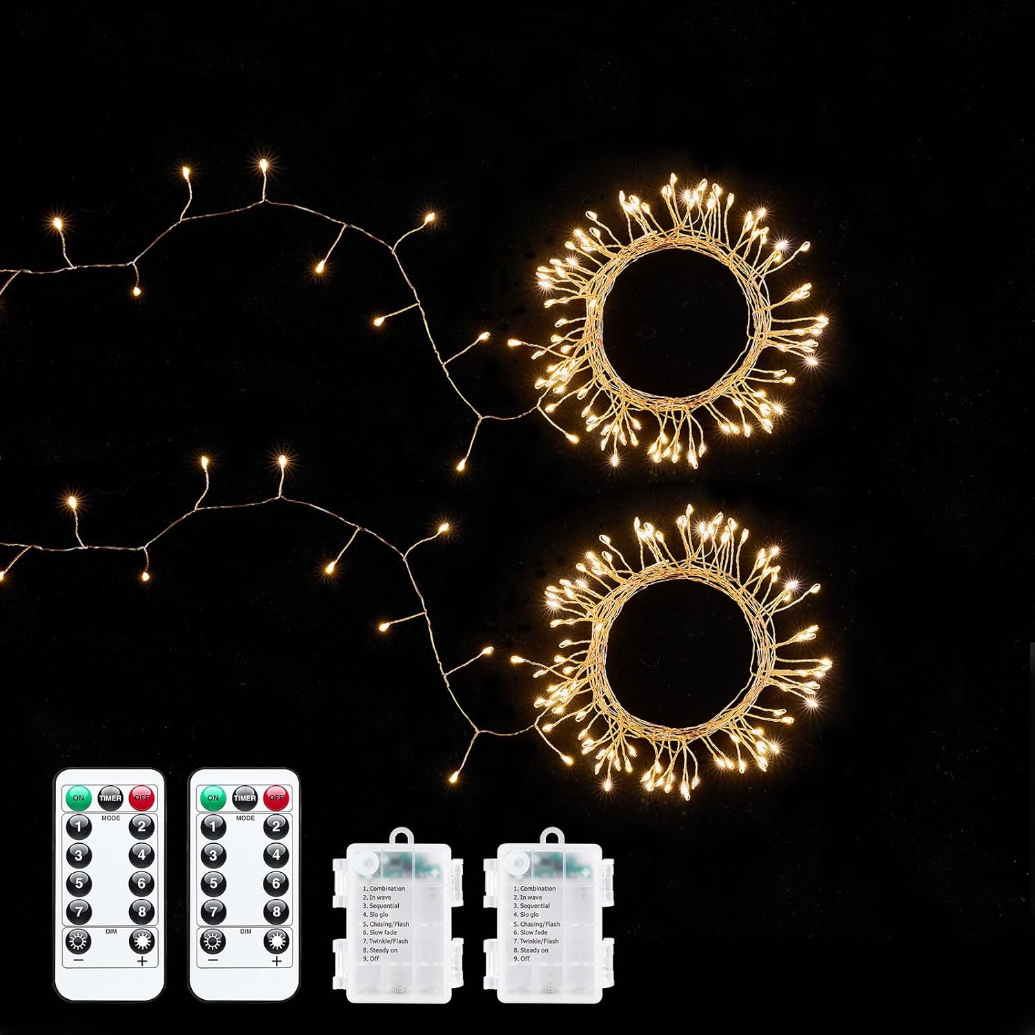2 Pack Warm White 5ft 60 LED Battery Operated Silver Wire Firecracker Cluster Lights with Remote