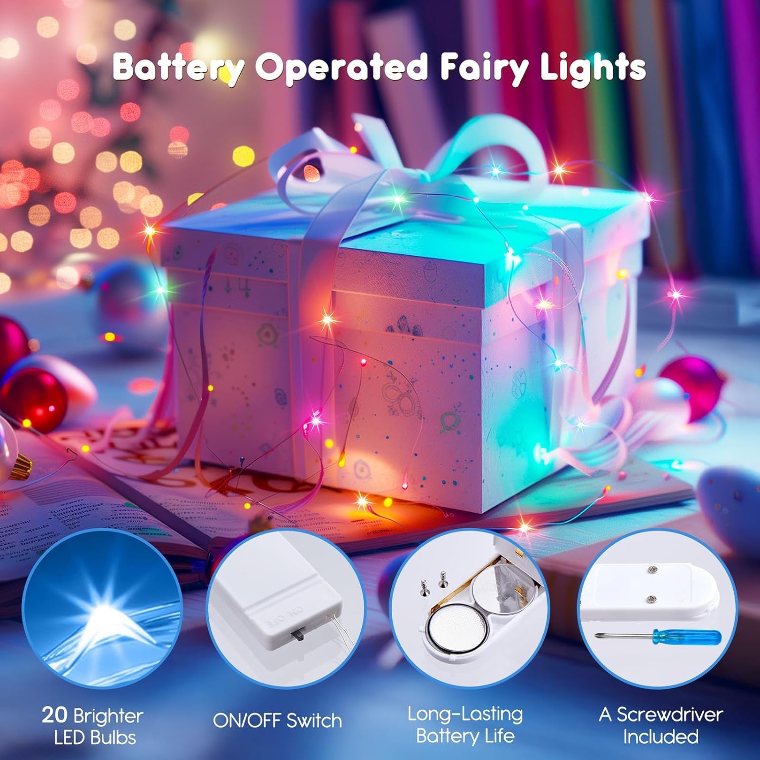 12 Pack 7FT 20 LED Battery Operated Silver Wire Firefly Starry Moon Lights for DIY Crafts, Pastel