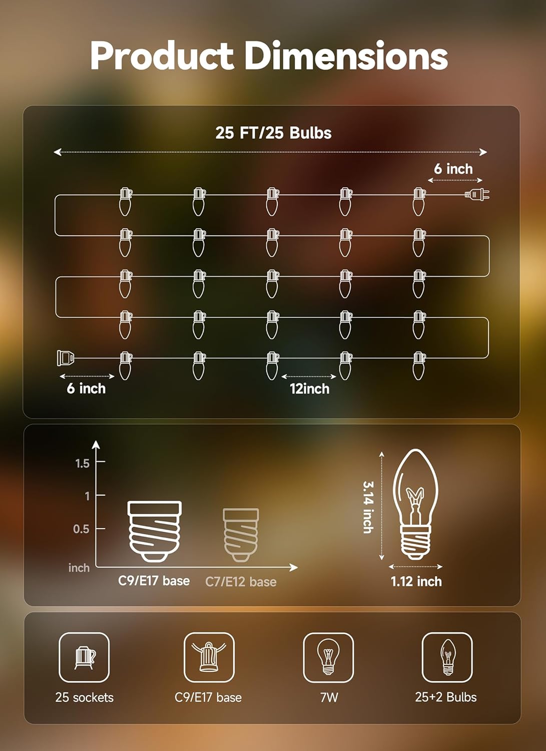 25FT Plug in 25 C9 Clear Bulbs Bright & Warm Christmas String Lights for Home Decor, Green Wire