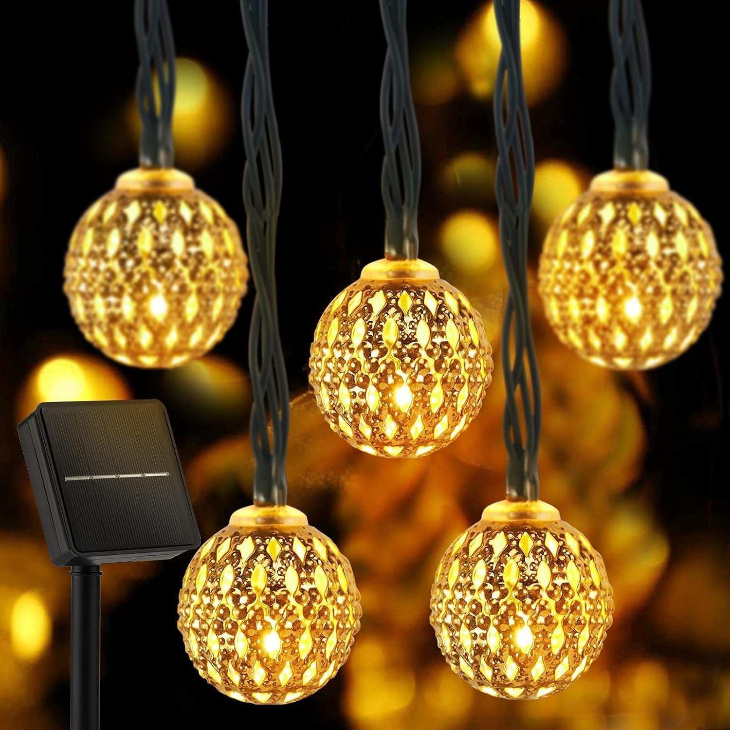 36 Ft Solar Powered 60 LED Globe Fairy Lights Moroccan String Lights with 8 Modes, Warm White