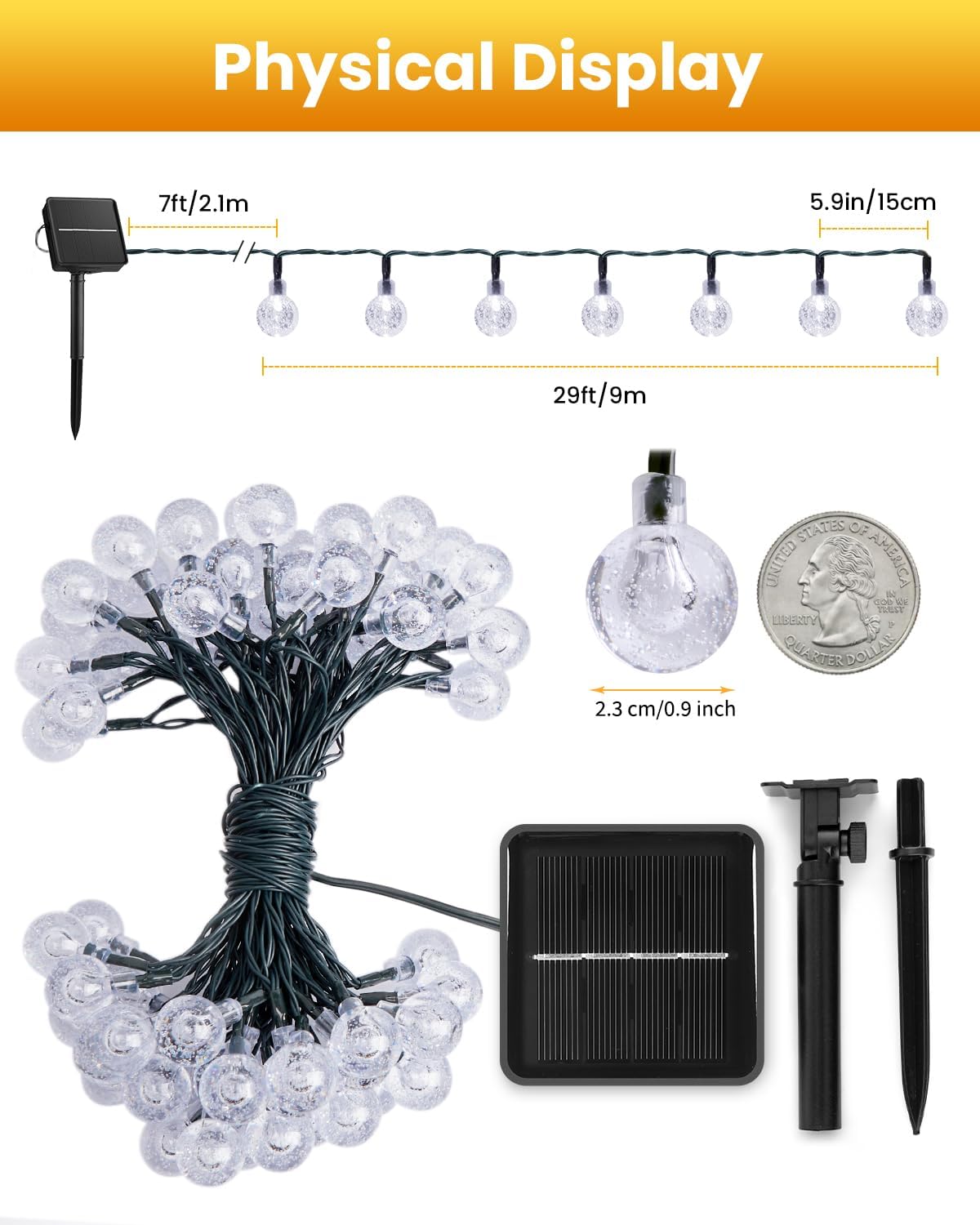 36FT Solar Powered 60 LED Crystal Globe String Lights for Garden Yard Porch Decor, Warm White