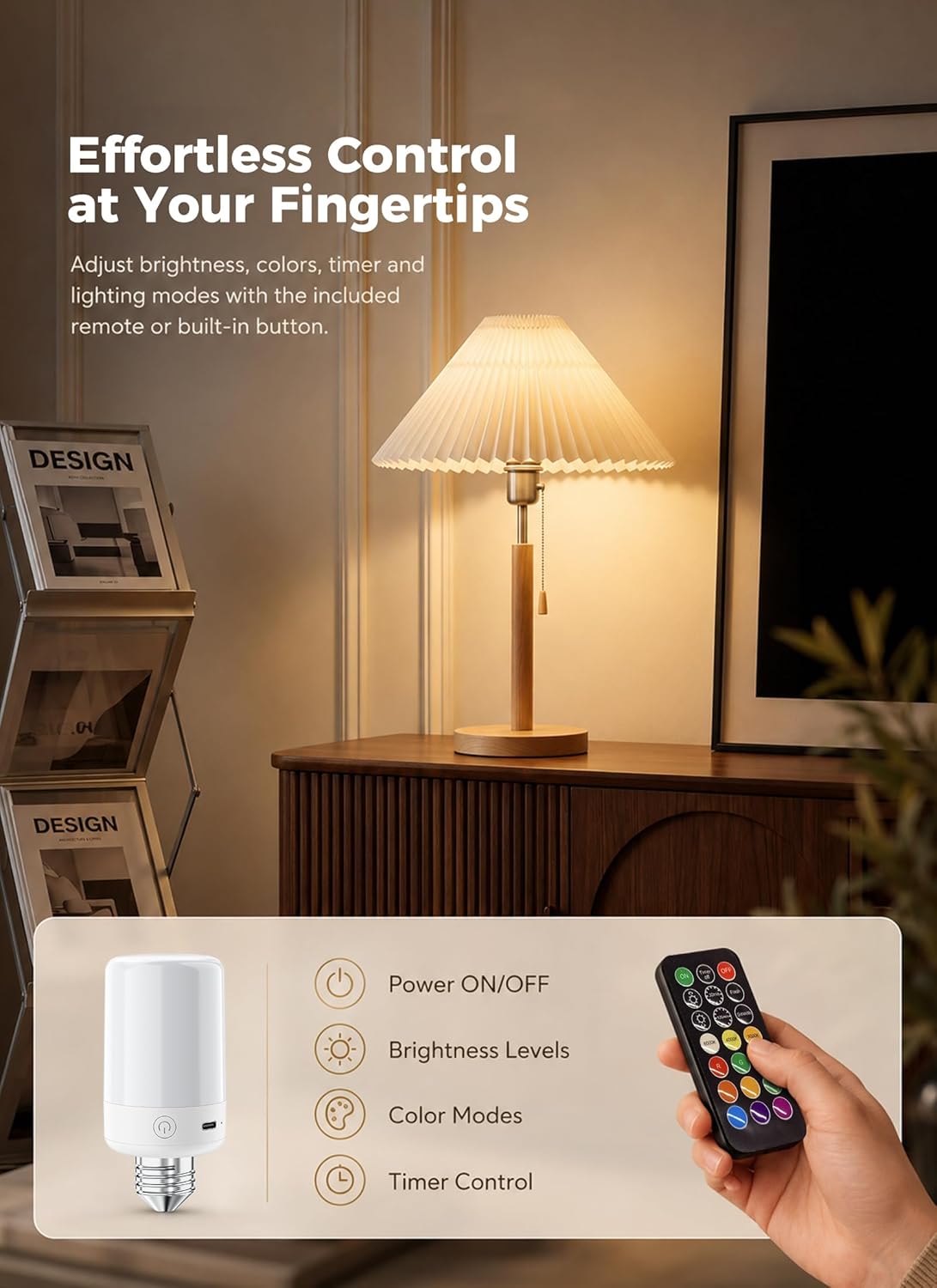 4 Pack E26 Rechargeable 5200mAh Light Bulbs with Remote for Lamps, Timer & 9 RGB Colors