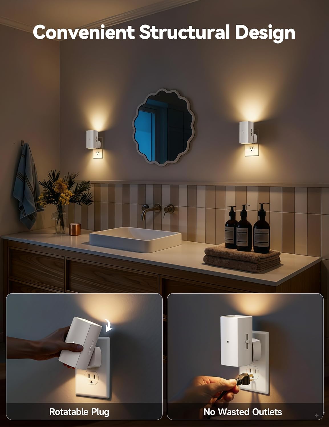 2 Pack White Plug in Night Lights with Rotating Plug & Light Sensor for Bathroom Bedroom, Warm White Light