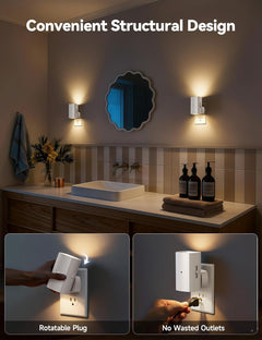 2 Pack White Plug in Night Lights with Rotating Plug & Light Sensor for Bathroom Bedroom, Warm White Light