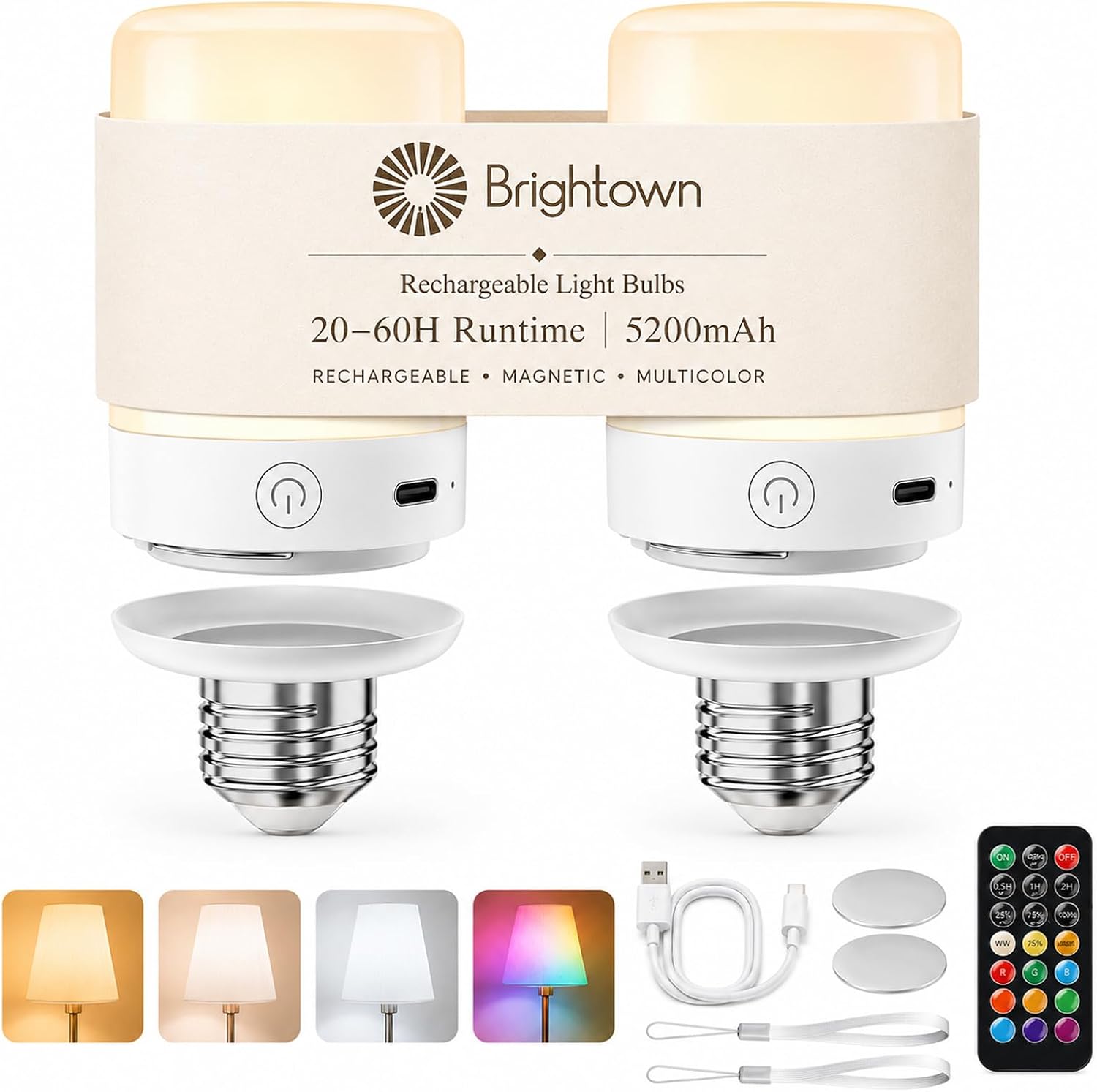 2 Pack E26 Rechargeable 5200mAh Light Bulbs with Remote for Lamps, Timer & 9 RGB Colors