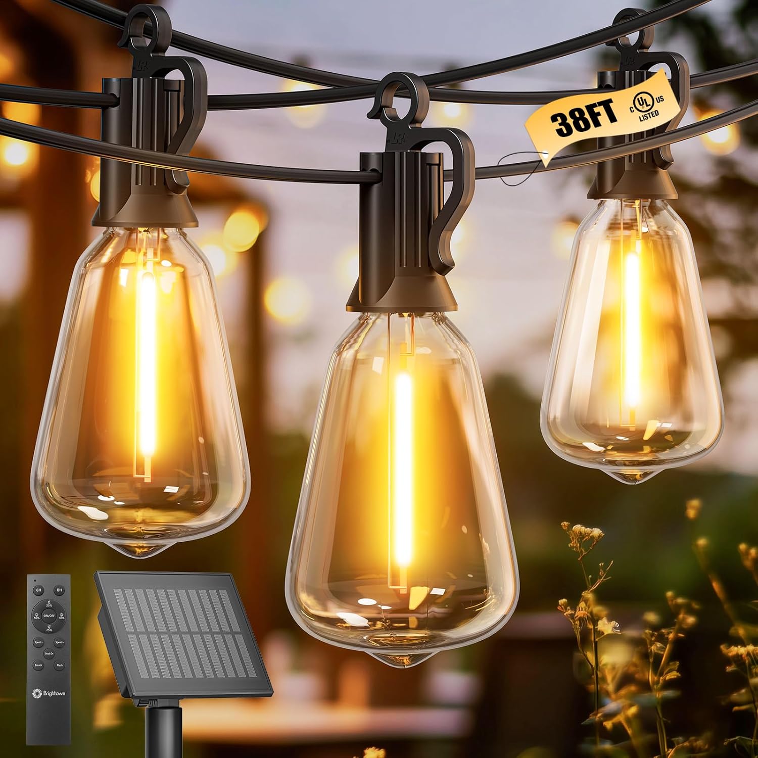 38FT Solar Powered 16+1 LED ST38 Bulbs String Lights Outdoor, 3 Light Modes
