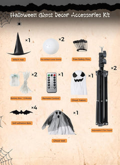 2 Pack Battery Operated Light Up Halloween Veil & Witch Hat Ghosts Decorations Outdoor