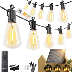37FT Solar Powered 10+1 LED ST38 Bulbs String Lights Outdoor, 3 Light Modes