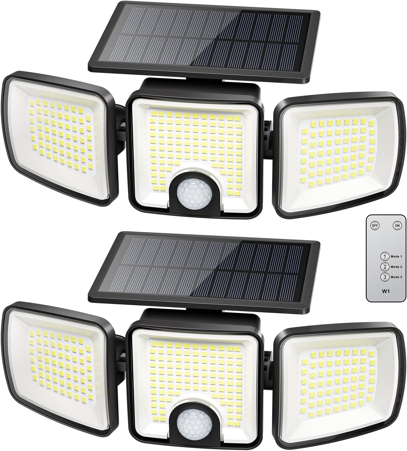 2 Pack Solar Powered 223 LED 3 Head Security Flood Lights with Motion Sensor, 3 Modes