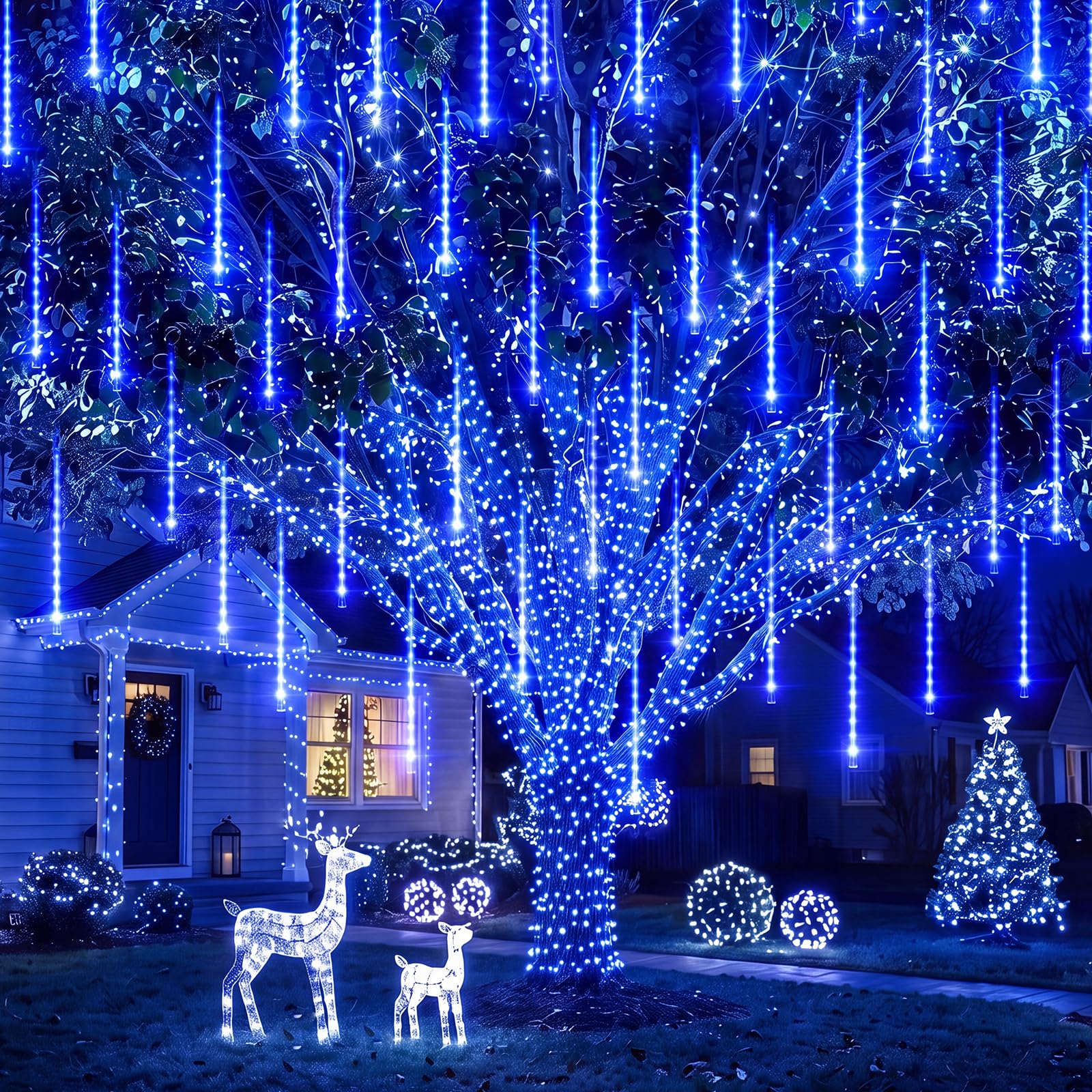 Solar Powered 16 Tube 384 LED Meteor Shower Icicle Lights for Christmas Party Decor, Blue