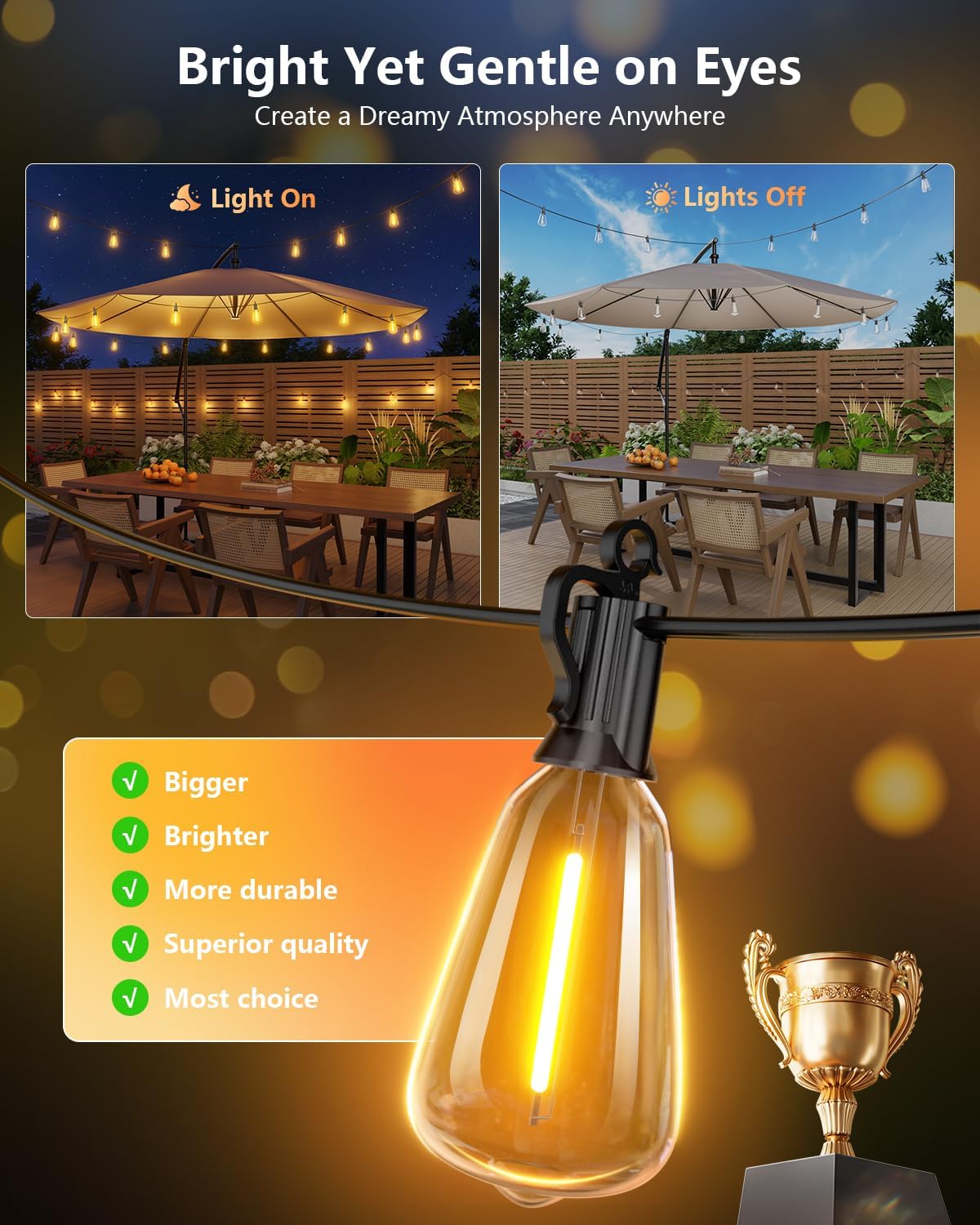 100FT Solar String Lights Outdoor Waterproof with Remote, 31+1 LED Shatterproof Bulbs, Dimmable & Timable, 3 Light Modes